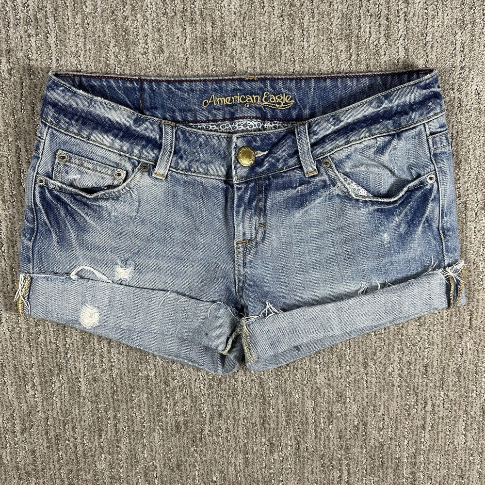 American Eagle Denim Shorts Womens Size 8 Distressed Frayed Hem Cuffed